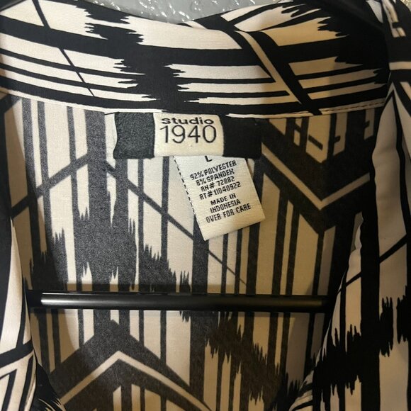Studio 1940 Size L Black & White Geometric Print Tie-Front Collared Blouse - Picture 2 of 4